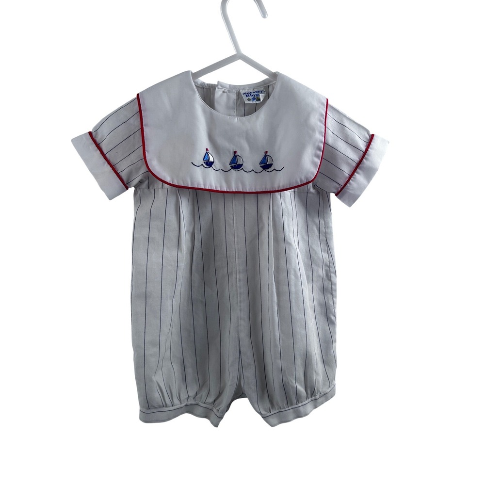 Nursery Rhyme Sailboat Bubble Romper 6M White Pinstripe Nautical Kids